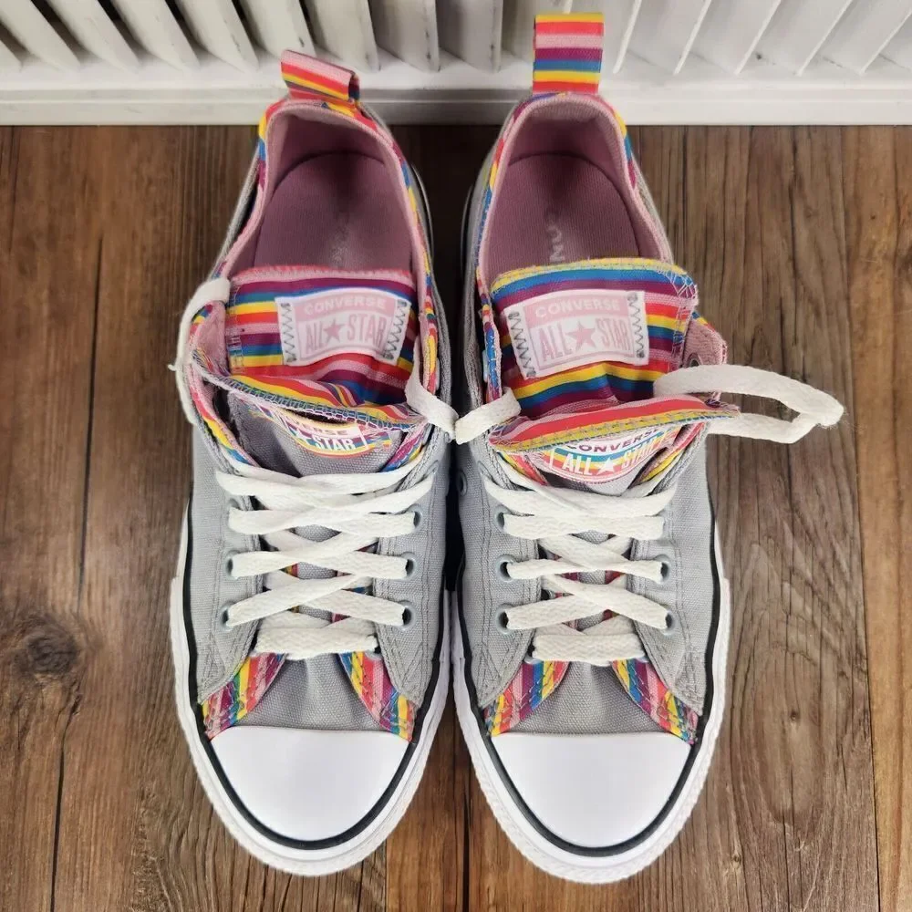 Converse CTAS Junior Sz 5 Gray Rainbow Layered Double Tongue Canvas Skate Shoes